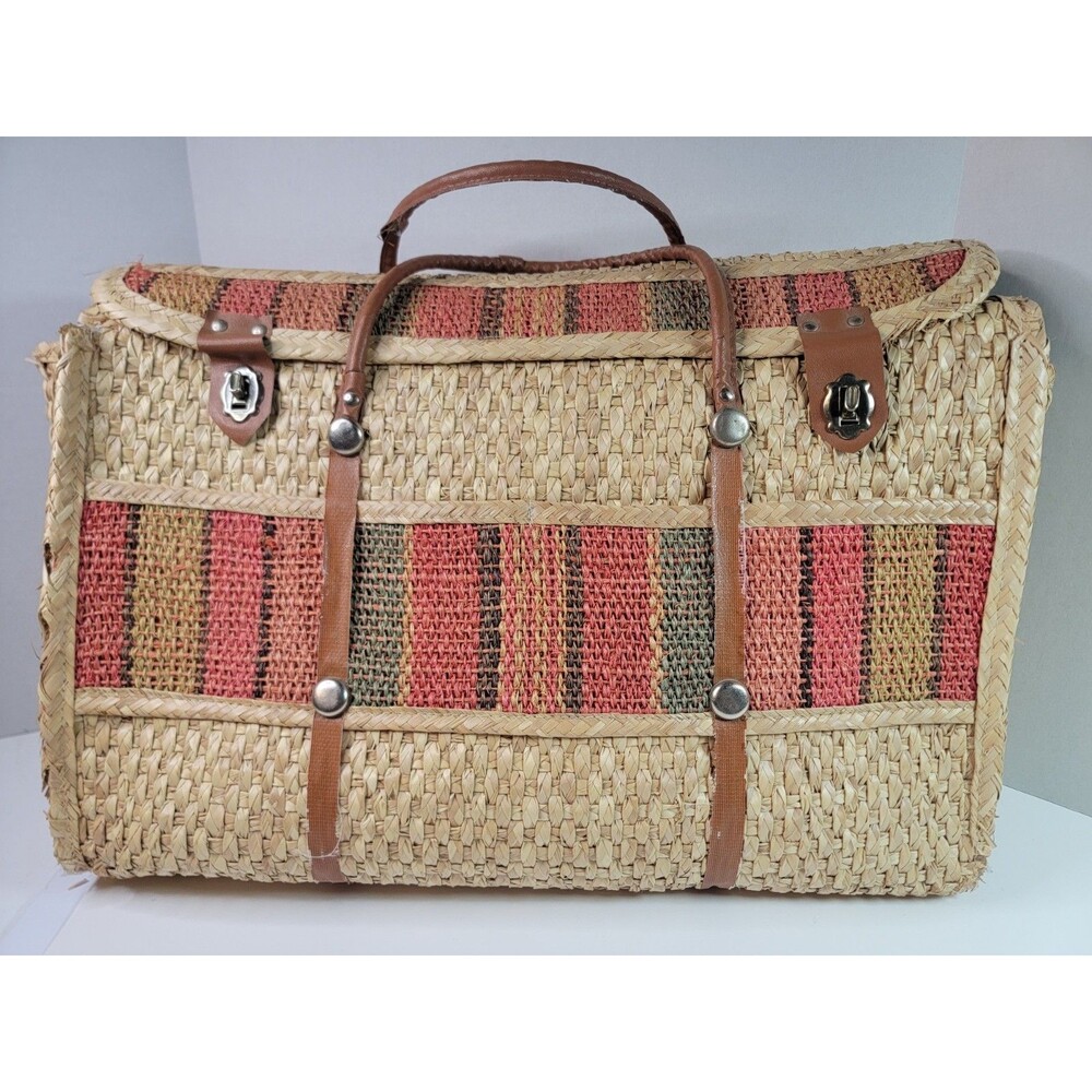 Vintage Woven Straw Raffia Suitcase Picnic Basket Plaid Leather Handles 22"
